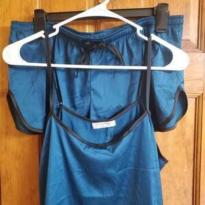 Ekouaer Satin Pajama Shorts Set Womens XL Green Teal Elastic Waist